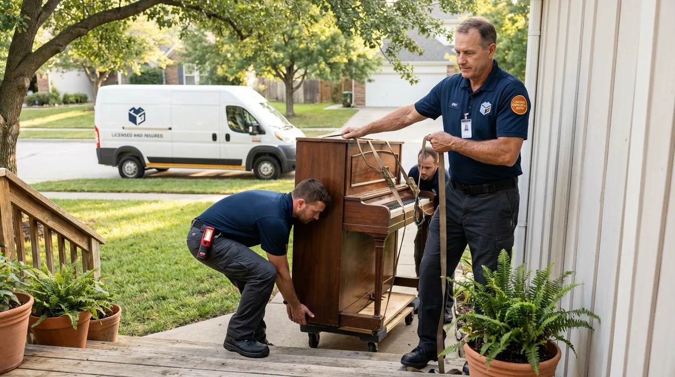 Licensed piano movers securing grand piano in Carrollton, IL