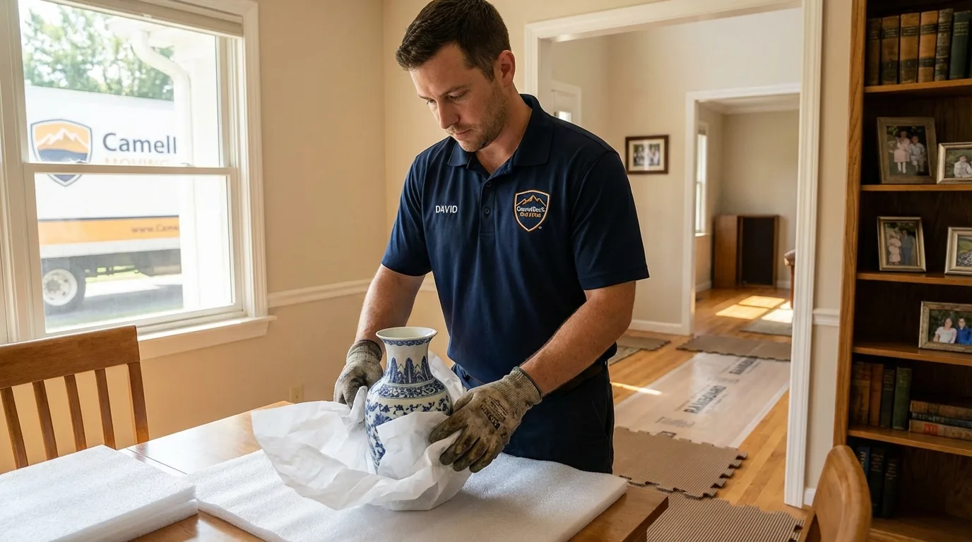 Professional crew carefully wrapping antique vase for senior downsizing move in Carrollton, IL